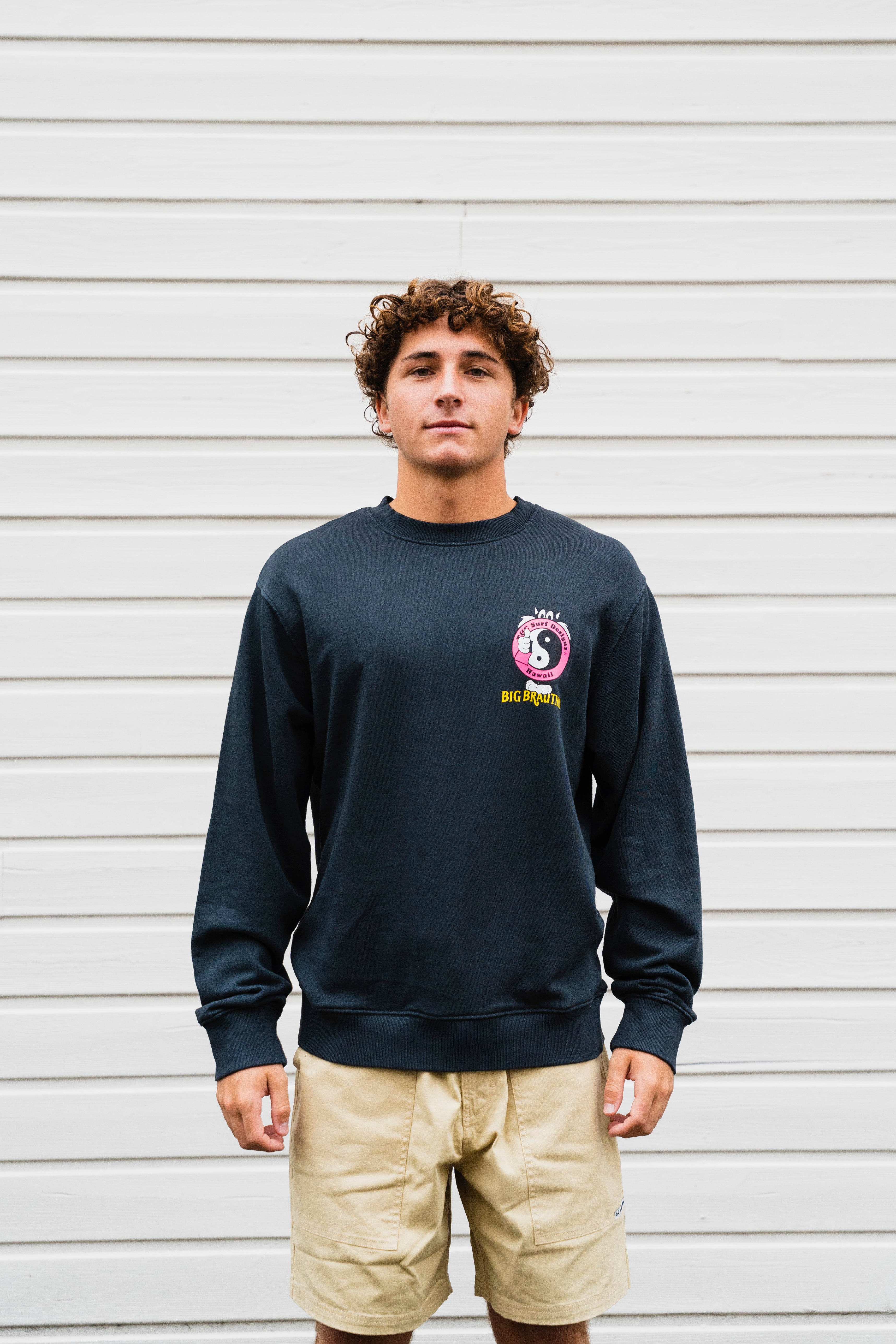 BIG BRAUTHER X T&amp;C Surf Designs Crew Fleece Cat logo - Washed Black
