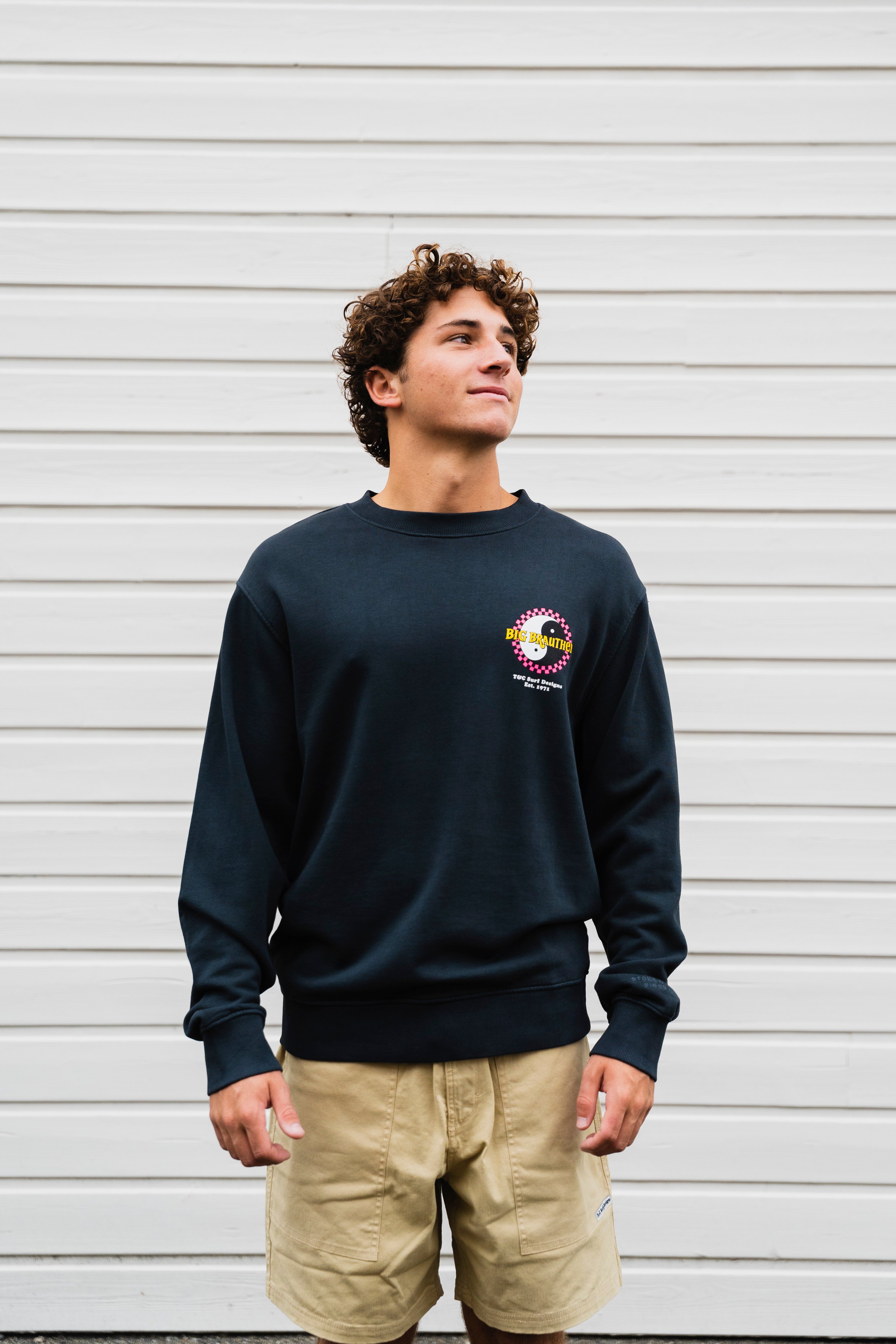 BIG BRAUTHER X T&amp;C Surf Designs Crew Fleece Checky Logo - Washed Black