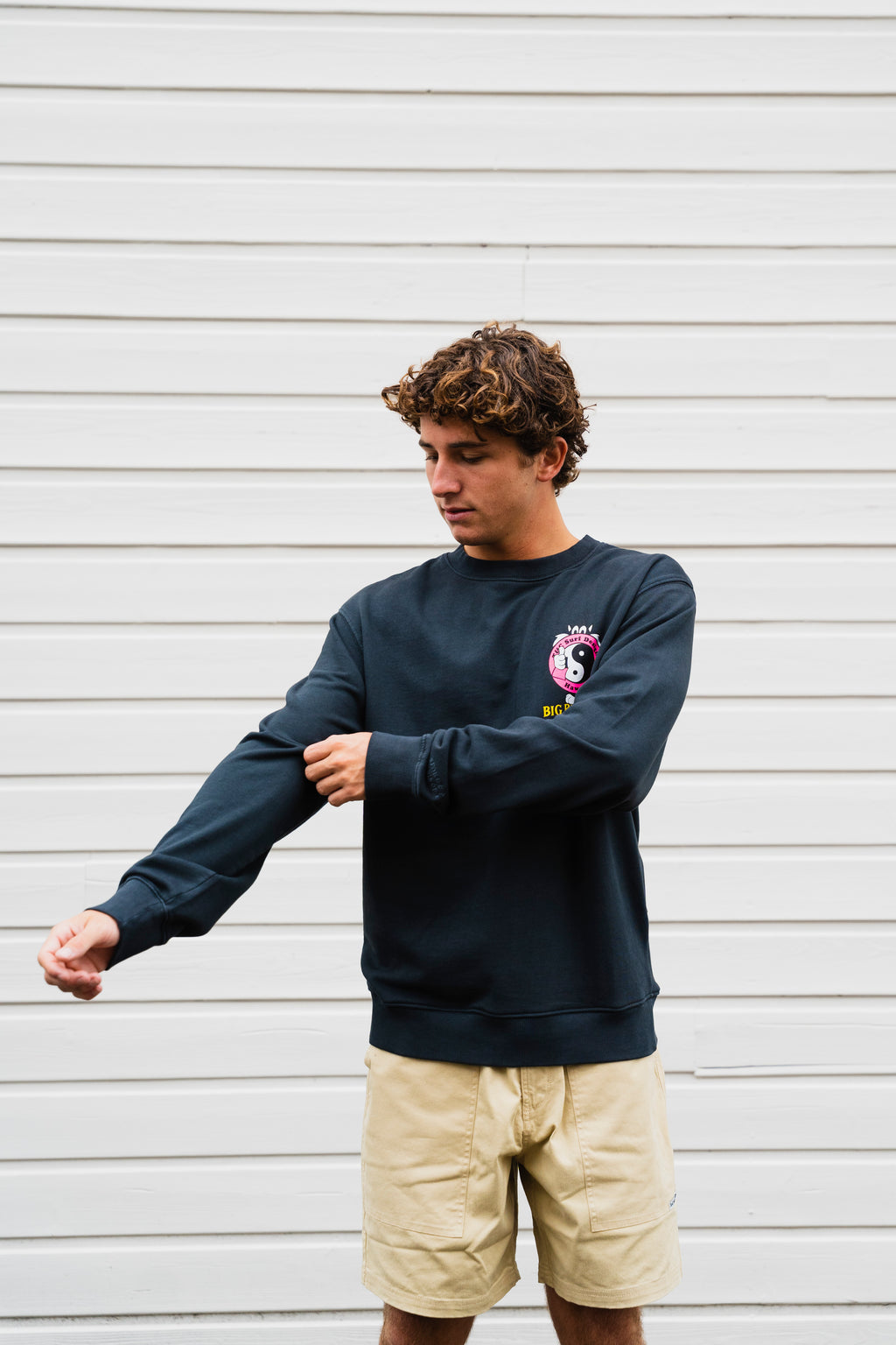 BIG BRAUTHER X T&amp;C Surf Designs Crew Fleece Cat logo - Washed Black