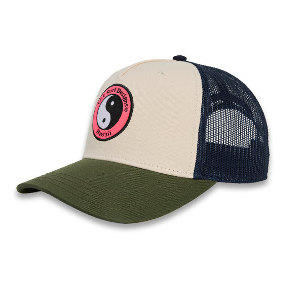 T&C Surf Designs YY Multico Trucker Cap - Military Green Dark Navy Natural Pink Logo