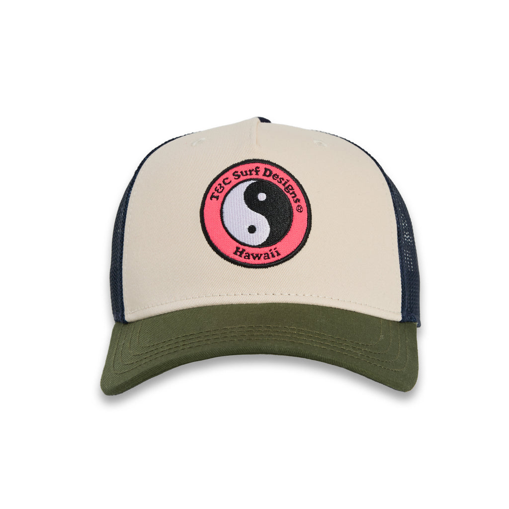 T&C Surf Designs YY Multico Trucker Cap - Military Green Dark Navy Natural Pink Logo
