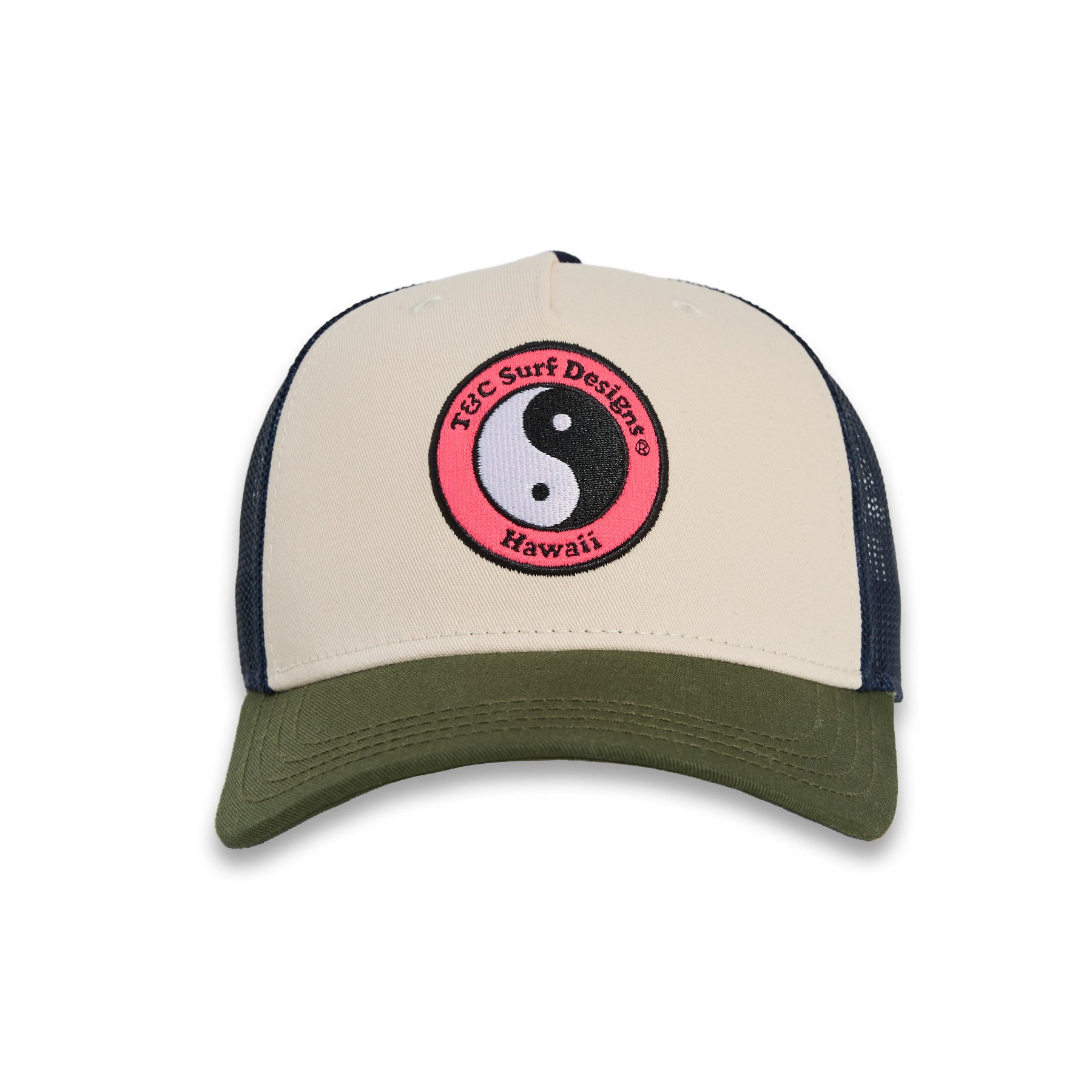 T&C Surf Designs YY Multico Trucker Cap - Military Green Dark Navy Natural Pink Logo